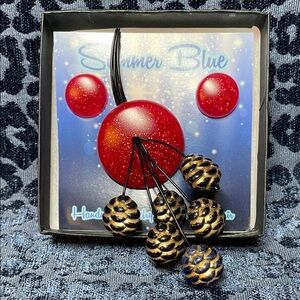 Vintage inspired Resin Winter Pinecone Red Brooch and Earring set